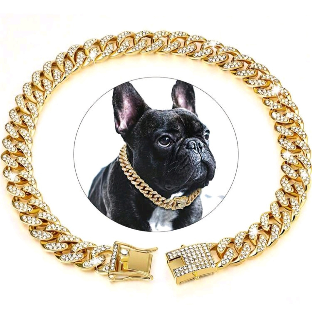 Gold Diamond Encrusted Cuban Link Pet Necklace