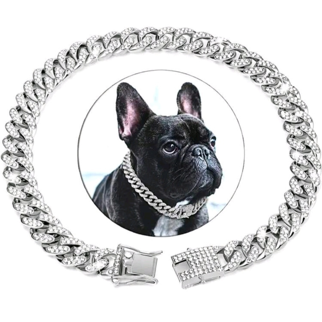 Silver Diamond Encrusted Cuban Link Pet Necklace