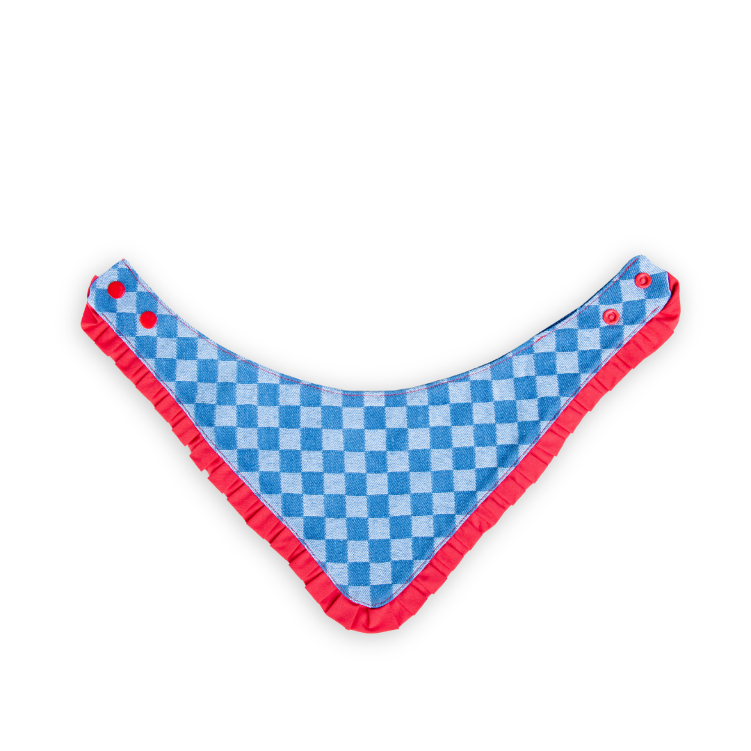 Checkered Denim Red Fringe Contoured Snap Pet Bandana