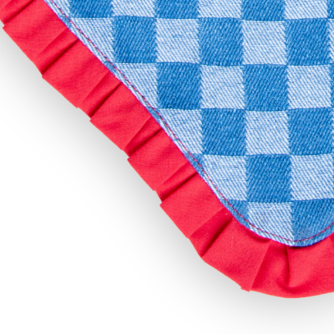 Checkered Denim Red Fringe Contoured Snap Pet Bandana