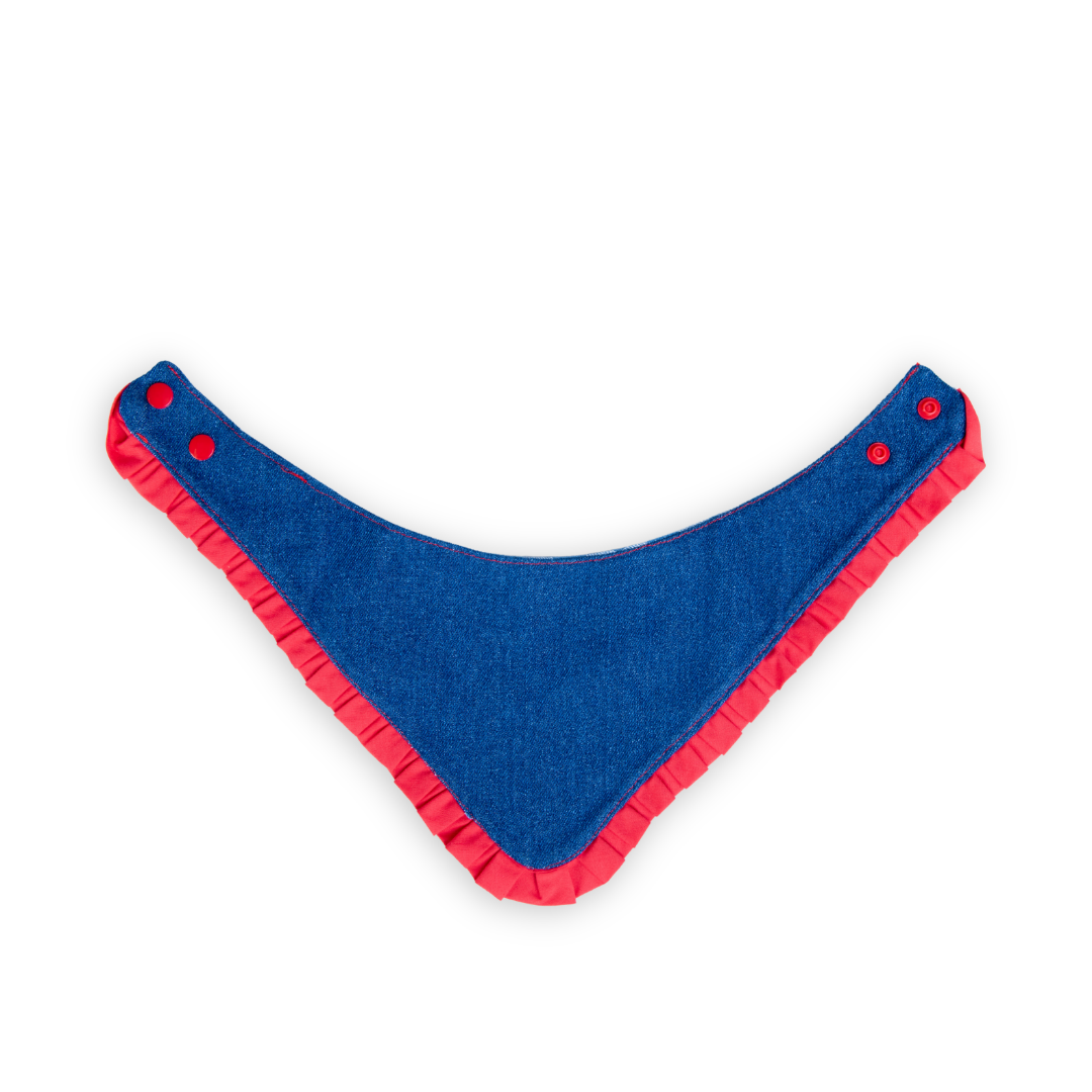 Dark Denim Red Fringe Contoured Snap Pet Bandana