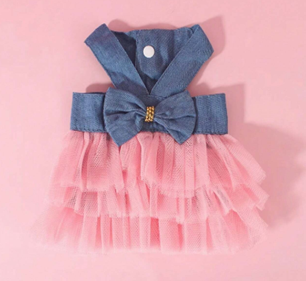 Denim Pink Tulle Bow Pet Dress