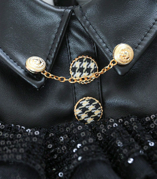 Black Sequin Patchwork Mini Skirt, Motorcycle Style Casual Dog Dress