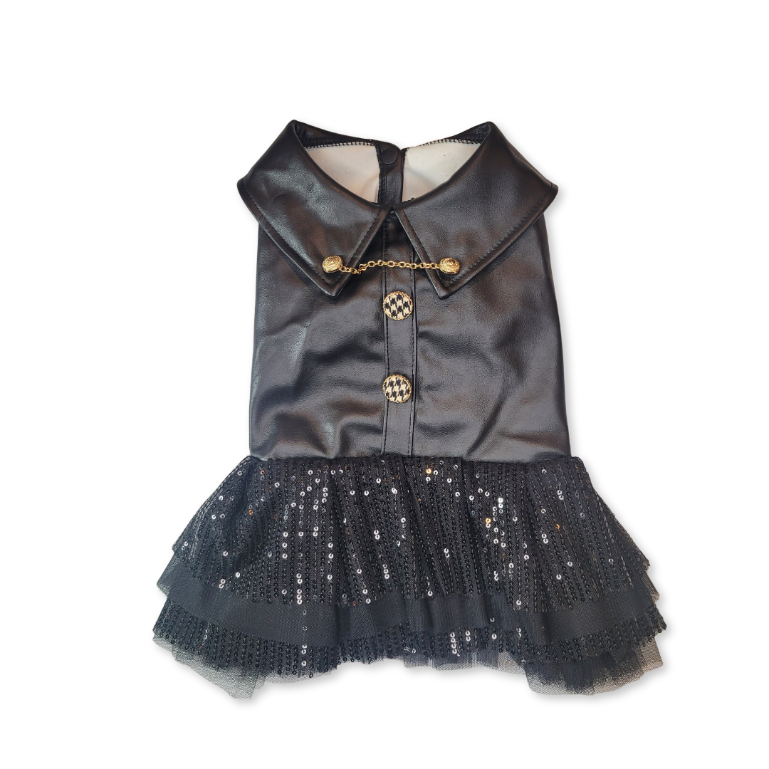 Black Sequin Patchwork Mini Skirt, Motorcycle Style Casual Dog Dress