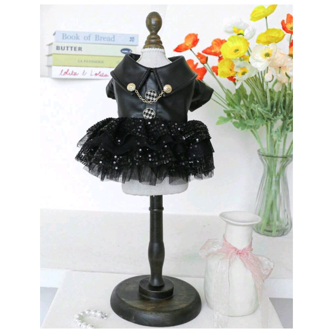 Black Sequin Patchwork Mini Skirt, Motorcycle Style Casual Dog Dress