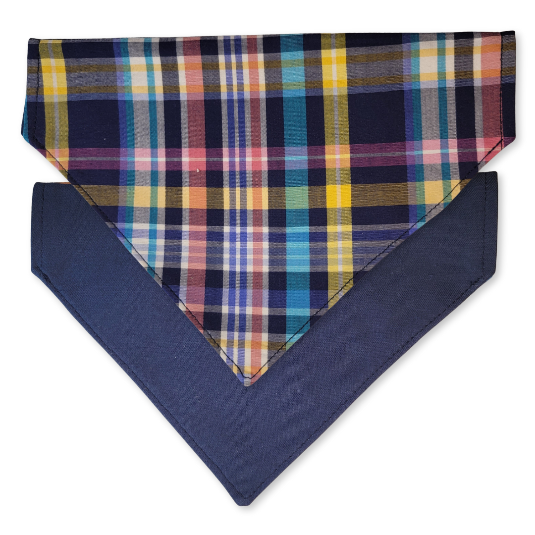 Navy Madras Plaid Bright Pet Bandana (Reversible)