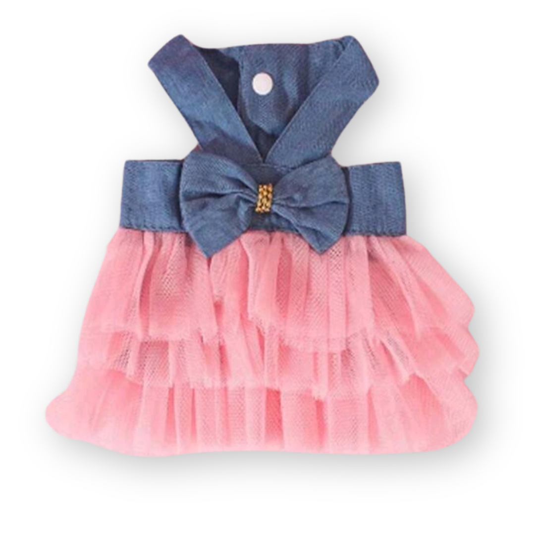 Denim Pink Tulle Bow Pet Dress