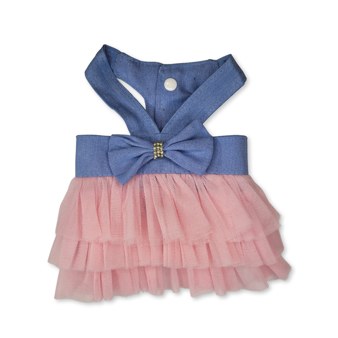 Denim Pink Tulle Bow Pet Dress