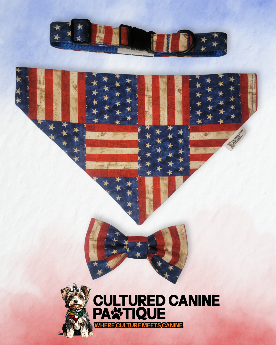 Custom Order - Patriotic Reversible Bandana, Bow Tie, and matching Collar Bundle