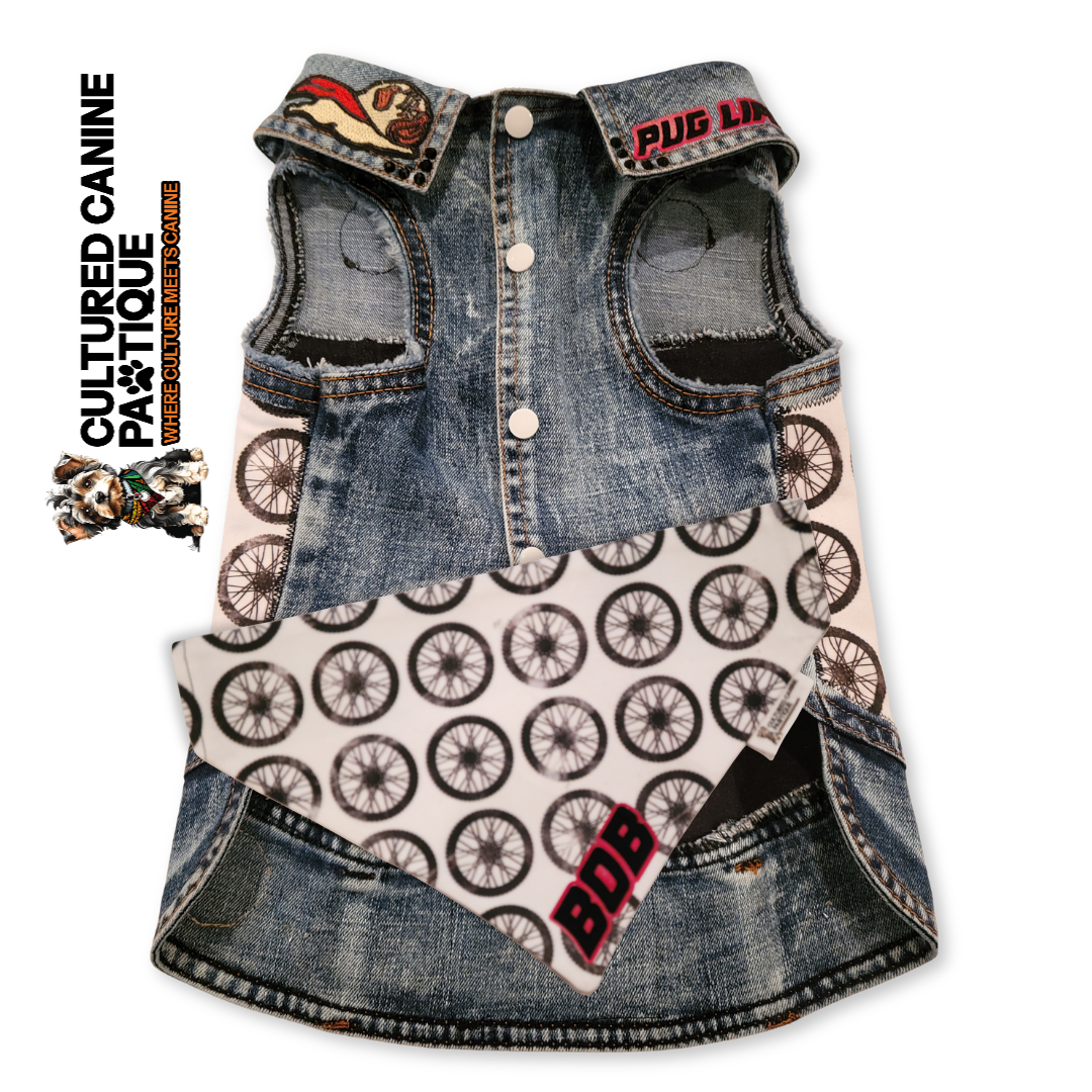 Custom Bucks, BMW, and Bicycle Embellished Denim Pet Jacket