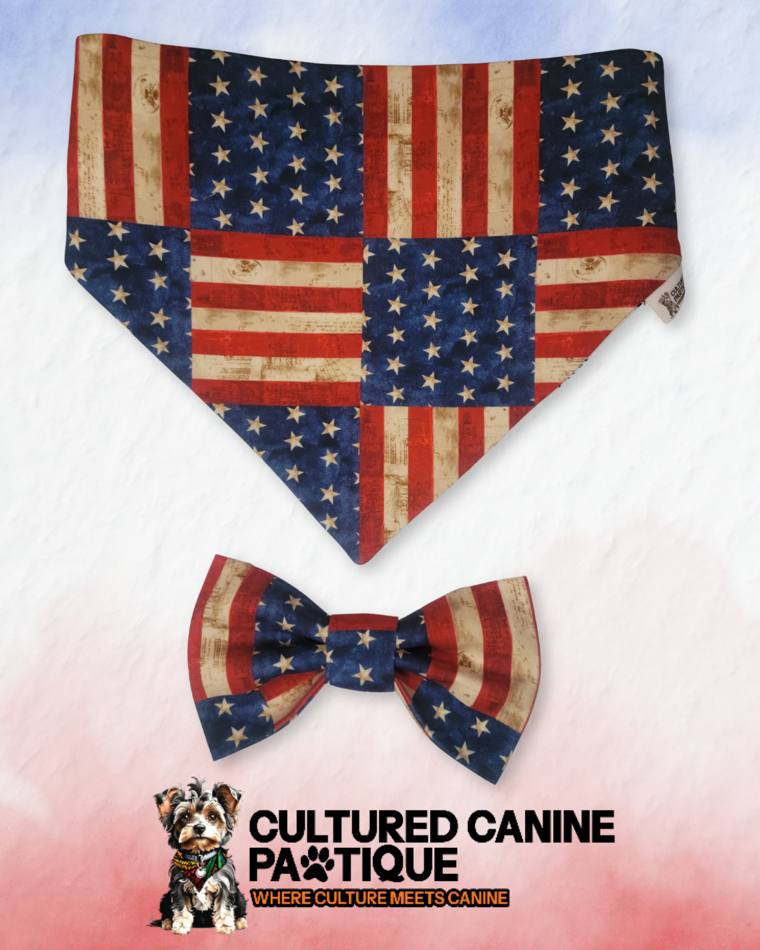 Custom Order - Patriotic Reversible Bandana, Bow Tie, and matching Collar Bundle