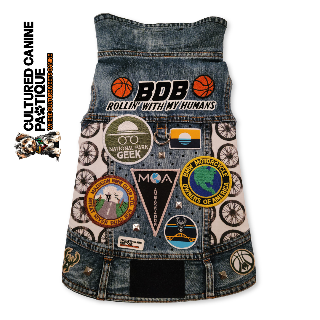 Custom Bucks, BMW, and Bicycle Embellished Denim Pet Jacket