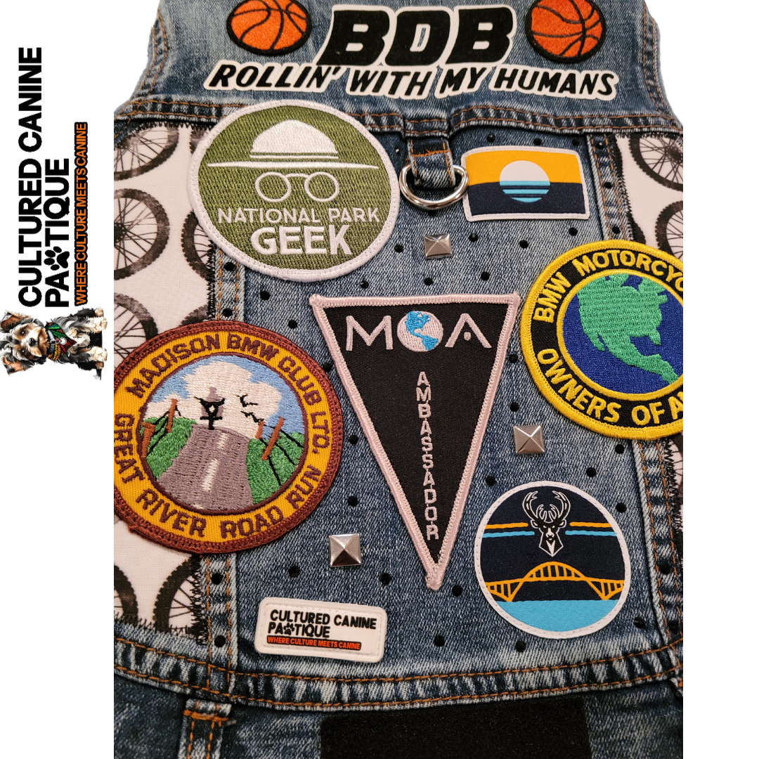 Custom Bucks, BMW, and Bicycle Embellished Denim Pet Jacket