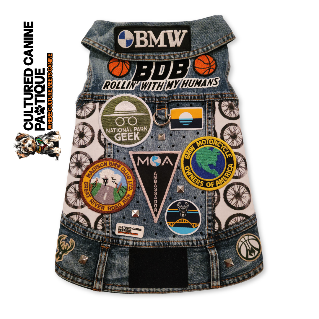 Custom Bucks, BMW, and Bicycle Embellished Denim Pet Jacket